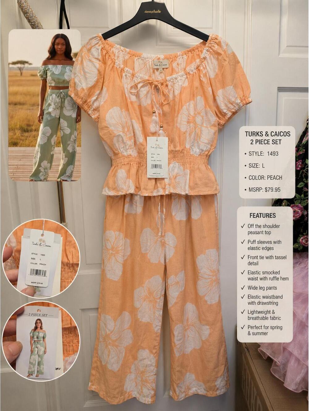 Turks & Caicos Peach Floral 2 Piece Set Off-Shoulder Top Wide Leg Pants Size L